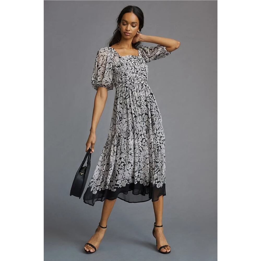 Anthropologie Square Neck Smocked Black Pink Floral Midi Dress XS P Cottagecore